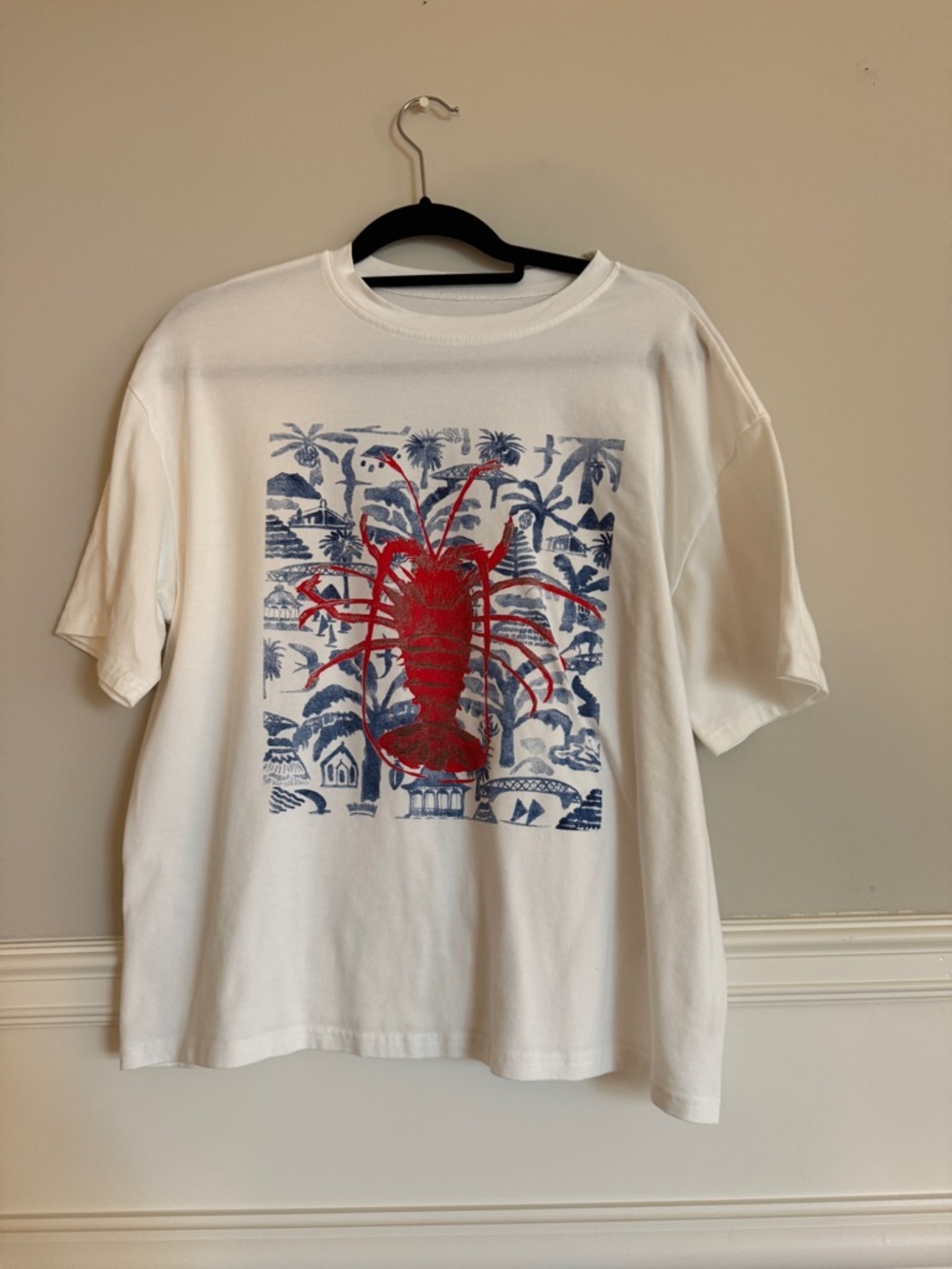 Amazon White T-Shirt with Red Lobster and Blue Tropical Print